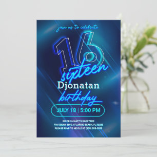 Blue Neon 16e Anniversaire Carte d'invitation