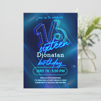 Blue Neon 16e Anniversaire Carte d'invitation