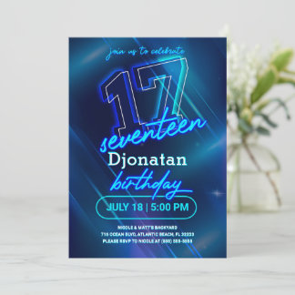Blue Neon 17th Birthday Party Invitation Card