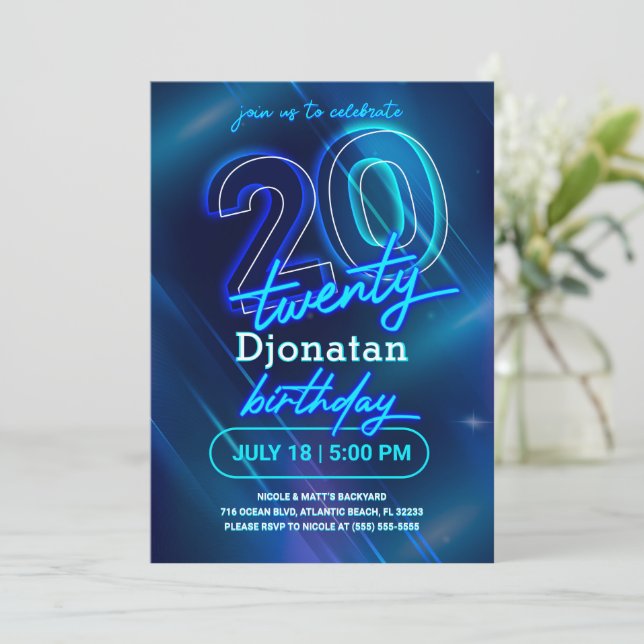 Blue Neon 20th Birthday Party Invitation Card (Debout devant)