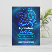 Blue Neon 20th Birthday Party Invitation Card