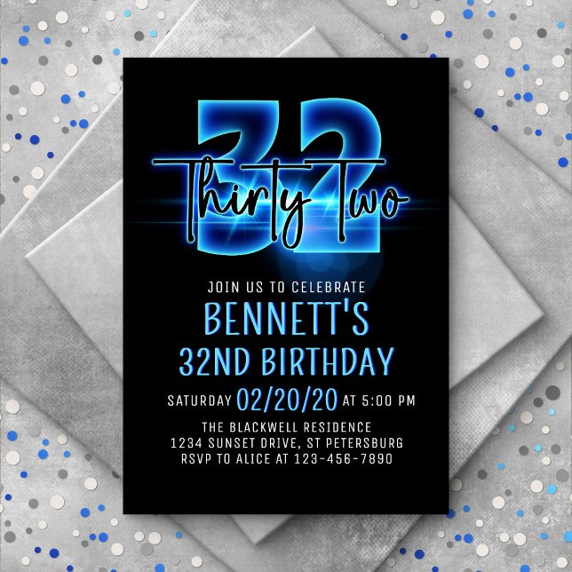 Blue Neon 32e Invitation d'anniversaire (Créateur téléchargé)
