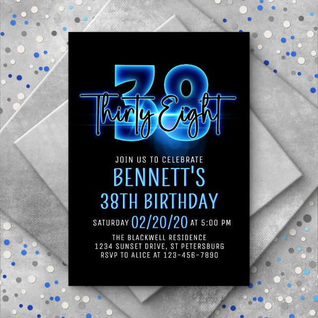Blue Neon 38e anniversaire Invitation (Créateur téléchargé)