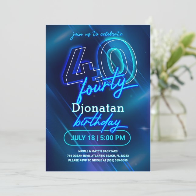Blue Neon 40th Birthday Party Invitation Card (Debout devant)