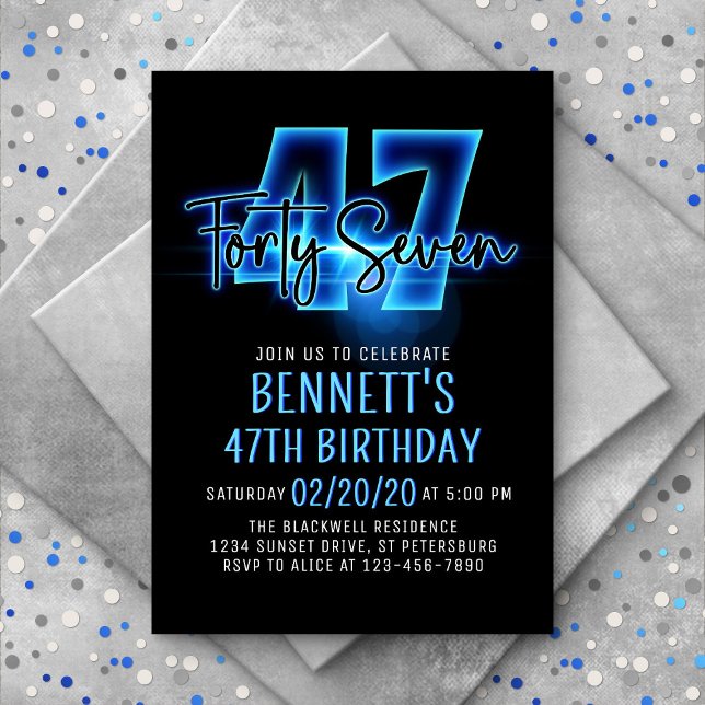 Blue Neon 47th Birthday Invitation (Créateur téléchargé)