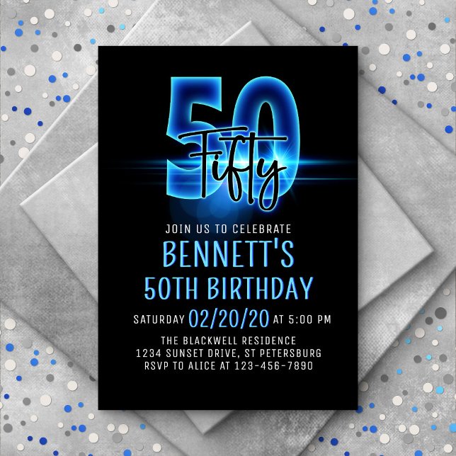 Blue Neon 50e anniversaire Invitation (Créateur téléchargé)