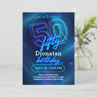 Blue Neon 50th Birthday Party Invitation Card