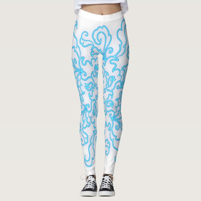 Blue Neon Abstrait Line Art tendance Leggings blan (Devant)