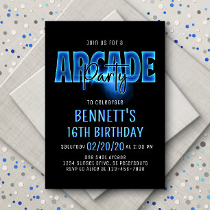 Blue Neon Arcade Party Anniversaire Invitation