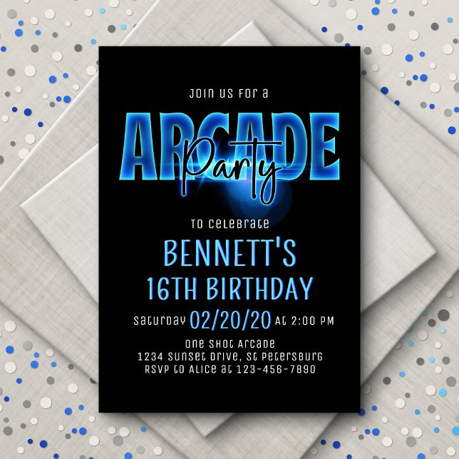 Blue Neon Arcade Party Anniversaire Invitation (Créateur téléchargé)