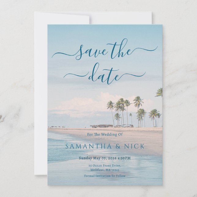 Blue Ocean Beach Wedding Save The Date Card (Devant)