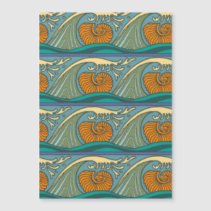 Blue Ocean Waves Nautilus Seashell Motif Nouveau