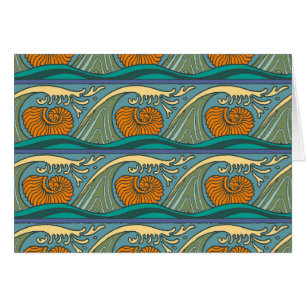 Blue Ocean Waves Nautilus Seashell Motif Nouveau