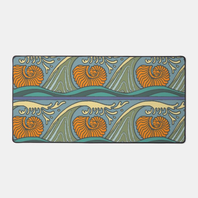 Blue Ocean Waves Nautilus Seashell Pattern Nouveau (Recto)