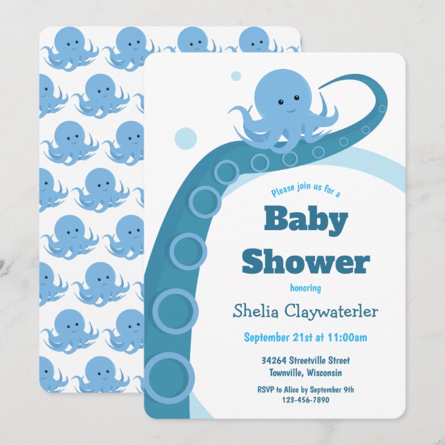 Blue Octopus | Baby Shower Invitation (Devant / Derrière)