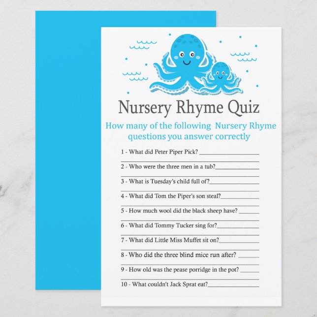 Blue Octopus Nursery Rhyme Quiz jeu de baby shower (Devant / Derrière)