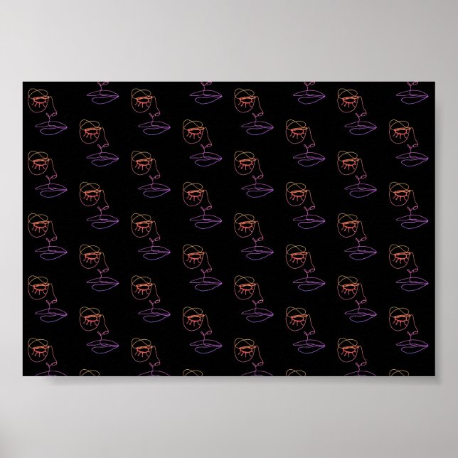 Blue One Line Face Art Poster on Black (Devant)