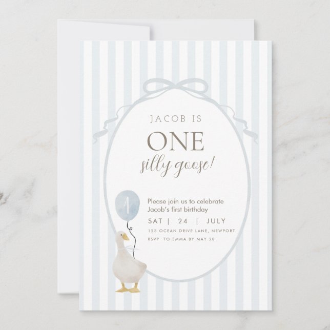 Blue One Silly Goose First Birthday Invitation (Devant)