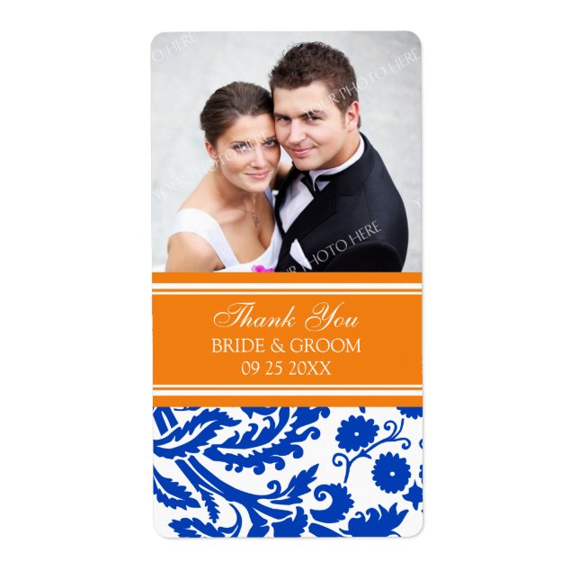 Blue Orange Damask Photo Wedding Étiquettes (Devant)