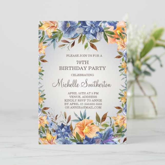 Blue Orange Floral 70e anniversaire Invitation (Debout devant)