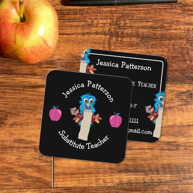 Blue Owl and Apples Educator Cartes de contact (Two-sided faux chalkboard square educator business cards with a blue owl and  two apples .)