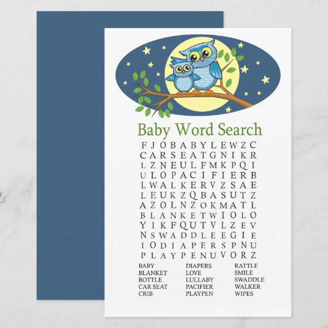 Blue Owl Baby shower Word Search Jeu (Devant / Derrière)