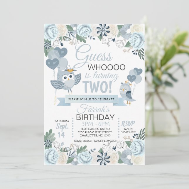 Blue Owl Floral Invitation d'anniversaire (Debout devant)