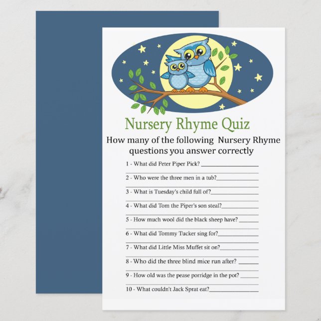 Blue Owsery Rhyme Quiz jeu de baby shower (Devant / Derrière)