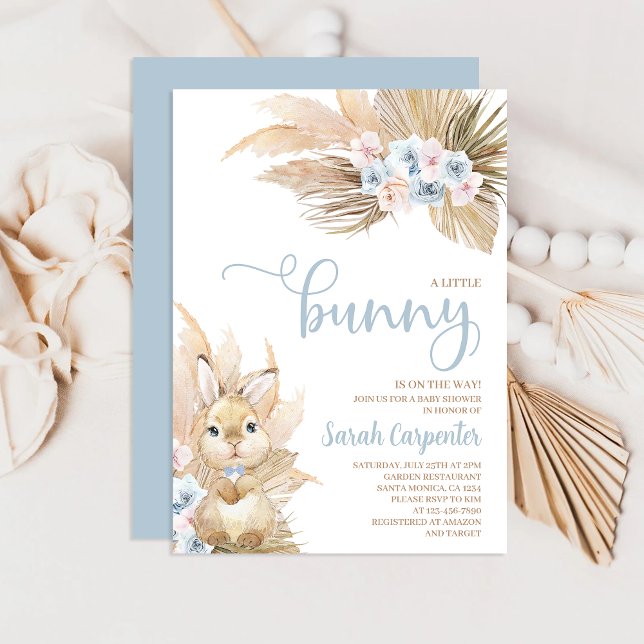 Blue Pampas Grass Boy Bunny Baby shower Invitation (Créateur téléchargé)