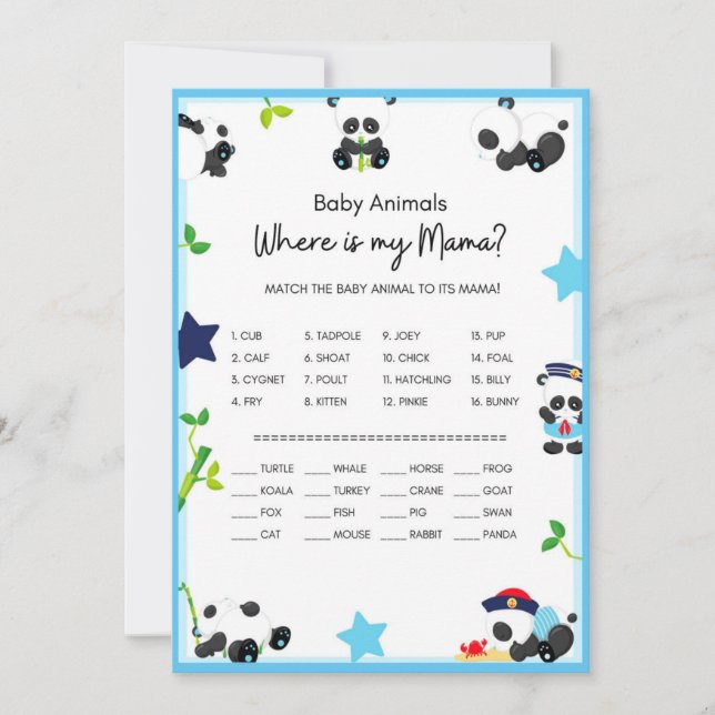 Blue Panda Baby shower Taille du jeu Invitation (Devant)