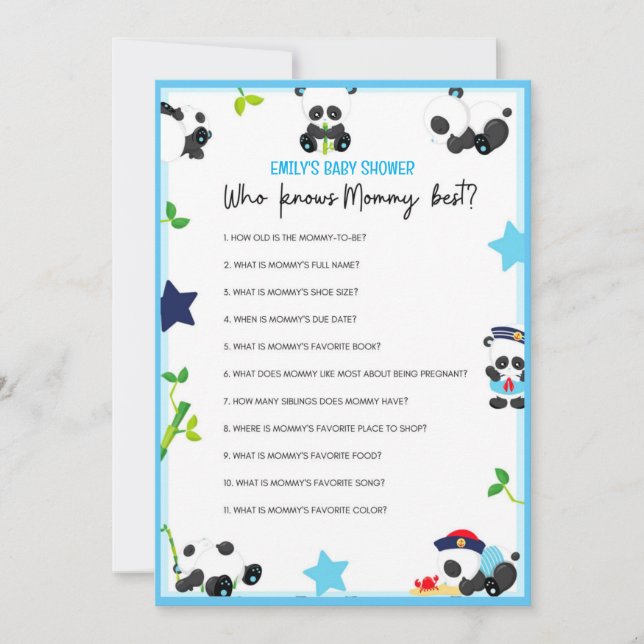Blue Panda Baby shower Taille du jeu Invitation (Devant)