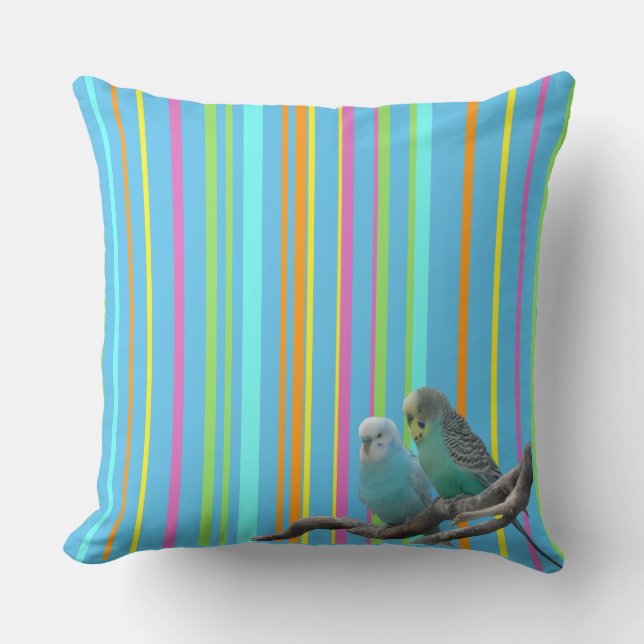 Blue Parakeets Stripes Motif Cust. Coussin décorat (Recto)