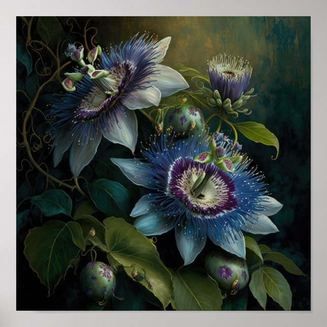 Blue Passion Flowers Art Imprimer Poster (Devant)