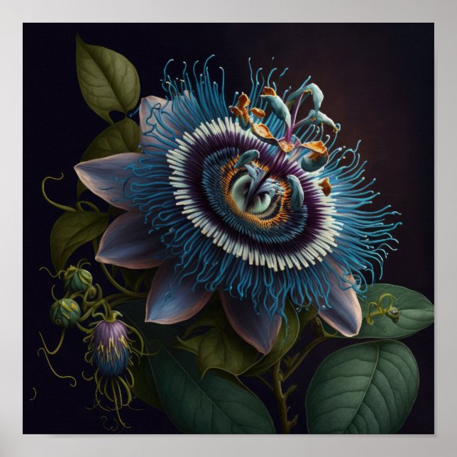 Blue Passion Flowers Art Imprimer Poster (Devant)