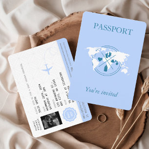 Blue Passport Travel Boy Baby shower Carte du mond