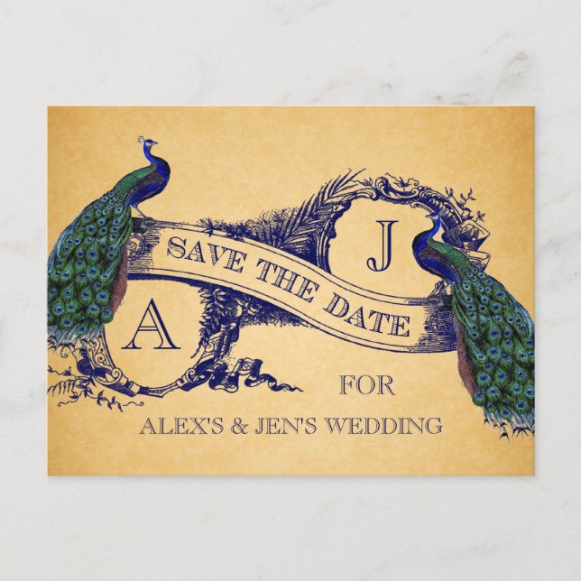 Blue Peacock Vintage Enregistrer la date Carte pos (Devant)