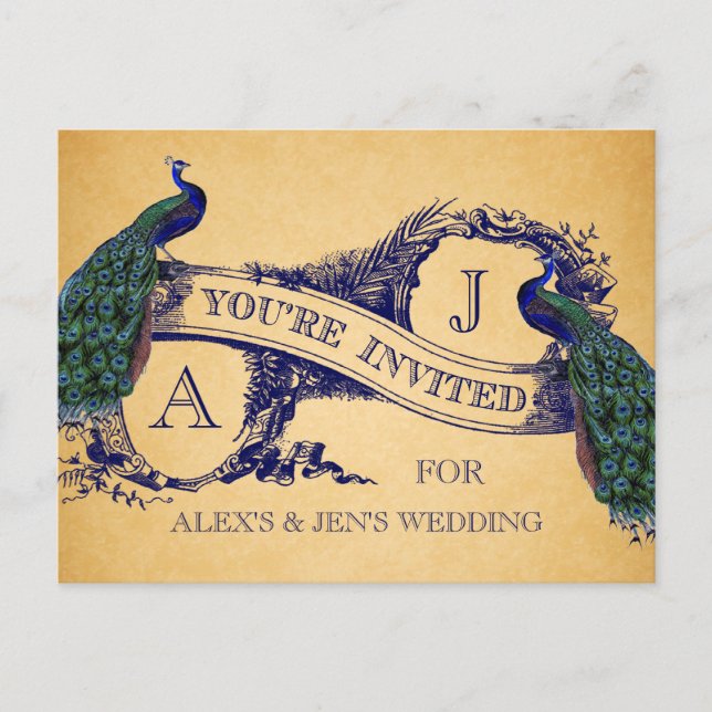 Blue Peacock Vintage Wedding Invitation Carte post (Devant)