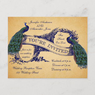 Blue Peacocks Vintage Mariage Réception Invitation
