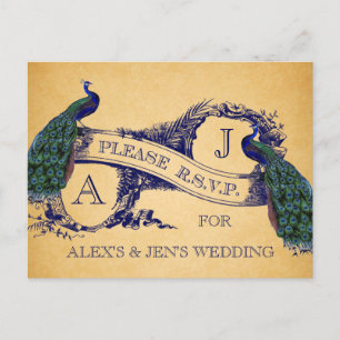 Blue Peacocks Vintage Wedding Carte postale RSVP