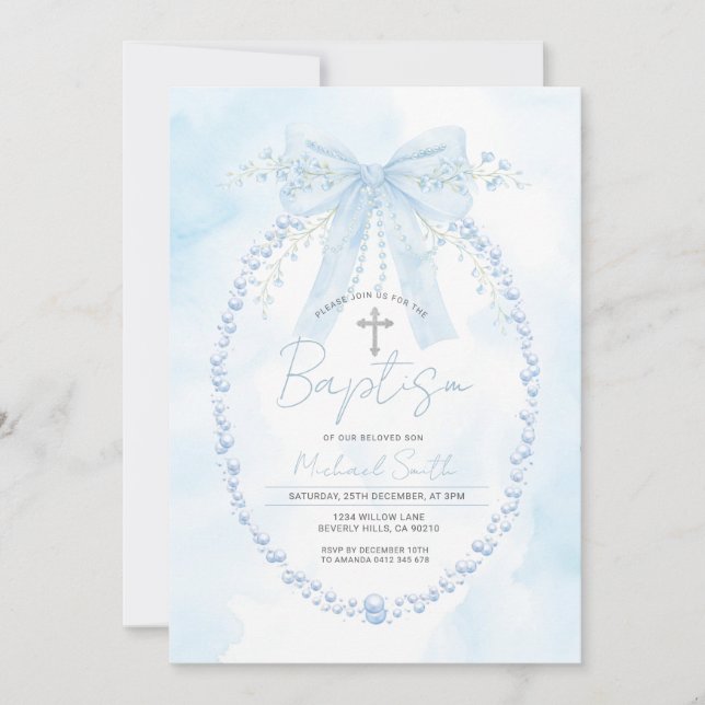 Blue Pearl Frame Baptism Christening Invitation (Devant)