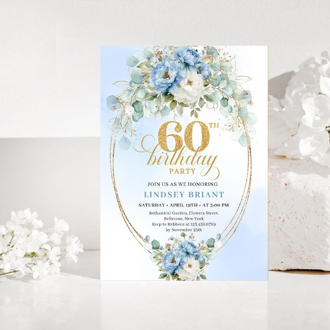 Blue Peonies Eucalyptus 60th Birthday Invitation (Blue Peonies Eucalyptus 60th Birthday Invitation)