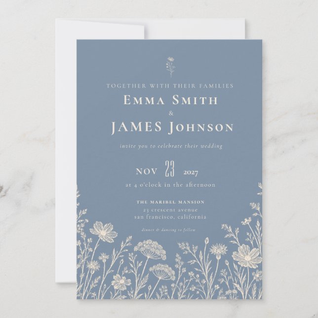 Blue Periwinkle Wildflower Wedding Invitation (Devant)