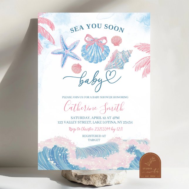 Blue Pink Sea You soon Baby shower Invitation (Créateur téléchargé)