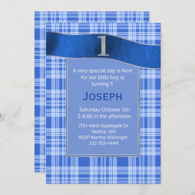 Blue Plaid Baby Boy Invitation d'anniversaire (Devant / Derrière)