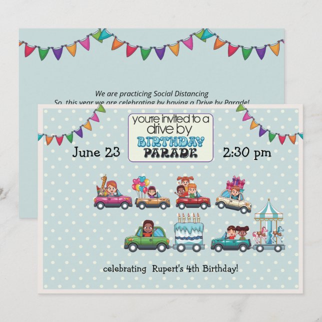 Blue Polka Dot Drive By Birthday Parade Invitation (Devant / Derrière)