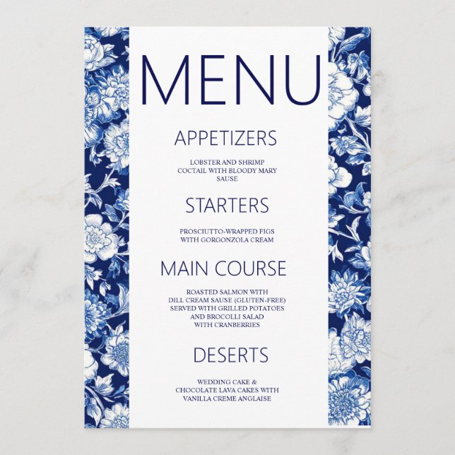 Blue Porcelain Chinoiserie Floral Mariage Menu (Devant)