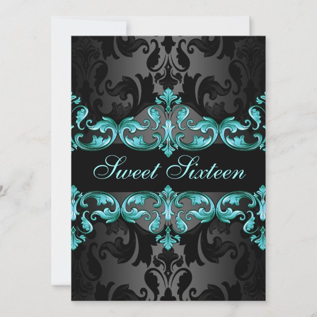 Blue Princess Damask Sweet16 Invitation d'annivers (Devant)