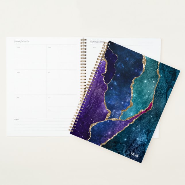 Blue Purple Aqua Gold Veines Agate Monogramme (Devant avec enveloppe)