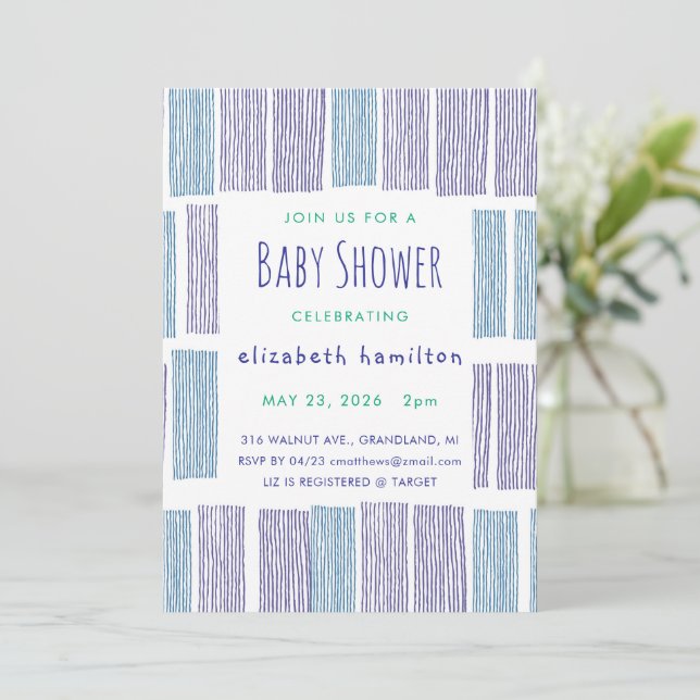 Blue & Purple Drawn Stripes Baby Shower Invitation (Debout devant)