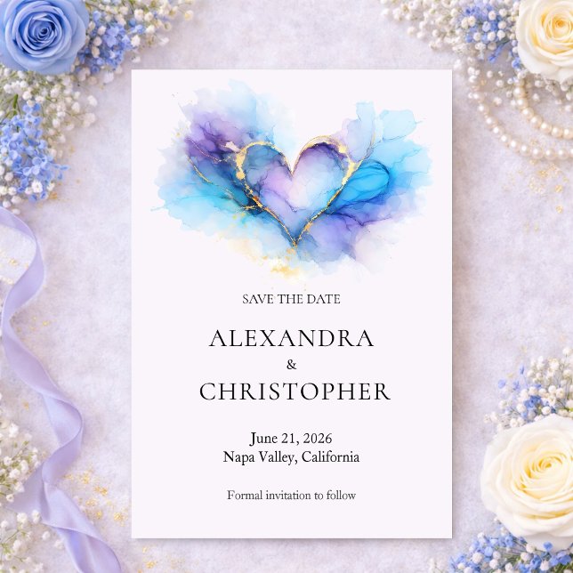 Blue Purple Gold Abstract Heart  Save the Date (Créateur téléchargé)